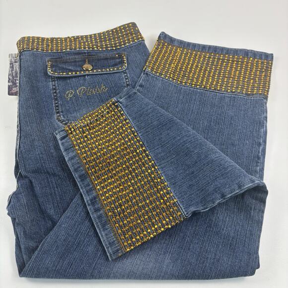Platinum Plush Jeans Pants Women's 21 Blue Wide Straight Leg Cropped Embellished - Picture 4 of 16